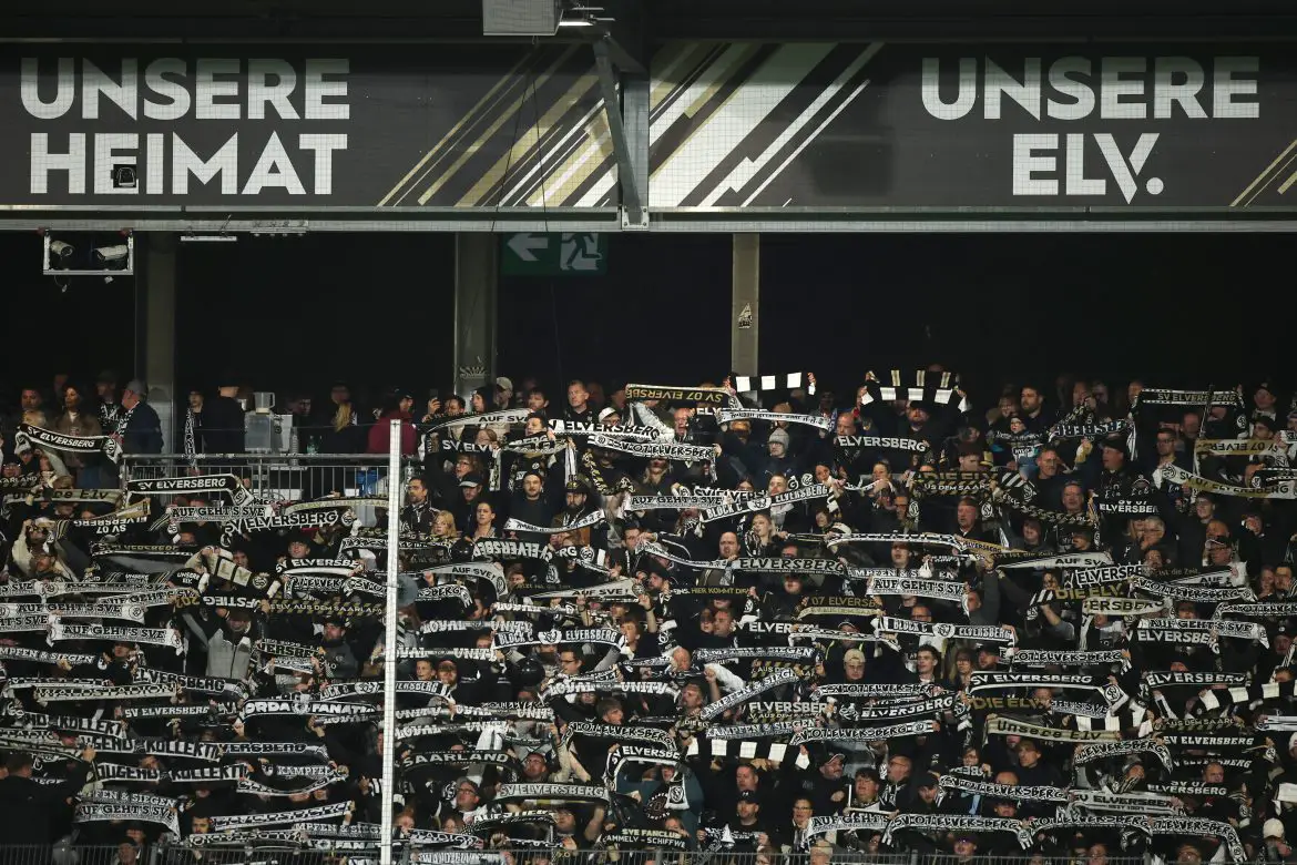 Fans of SV Elversberg support their Bundesliga club.