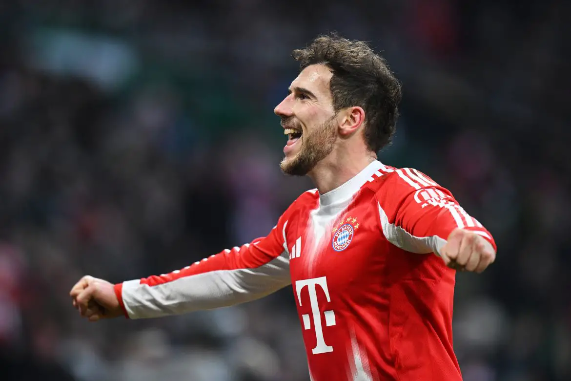 Bayern Munich midfielder Leon Goretzka celebrates scoring in Saturday's Bundesliga victory over Werder Bremen.