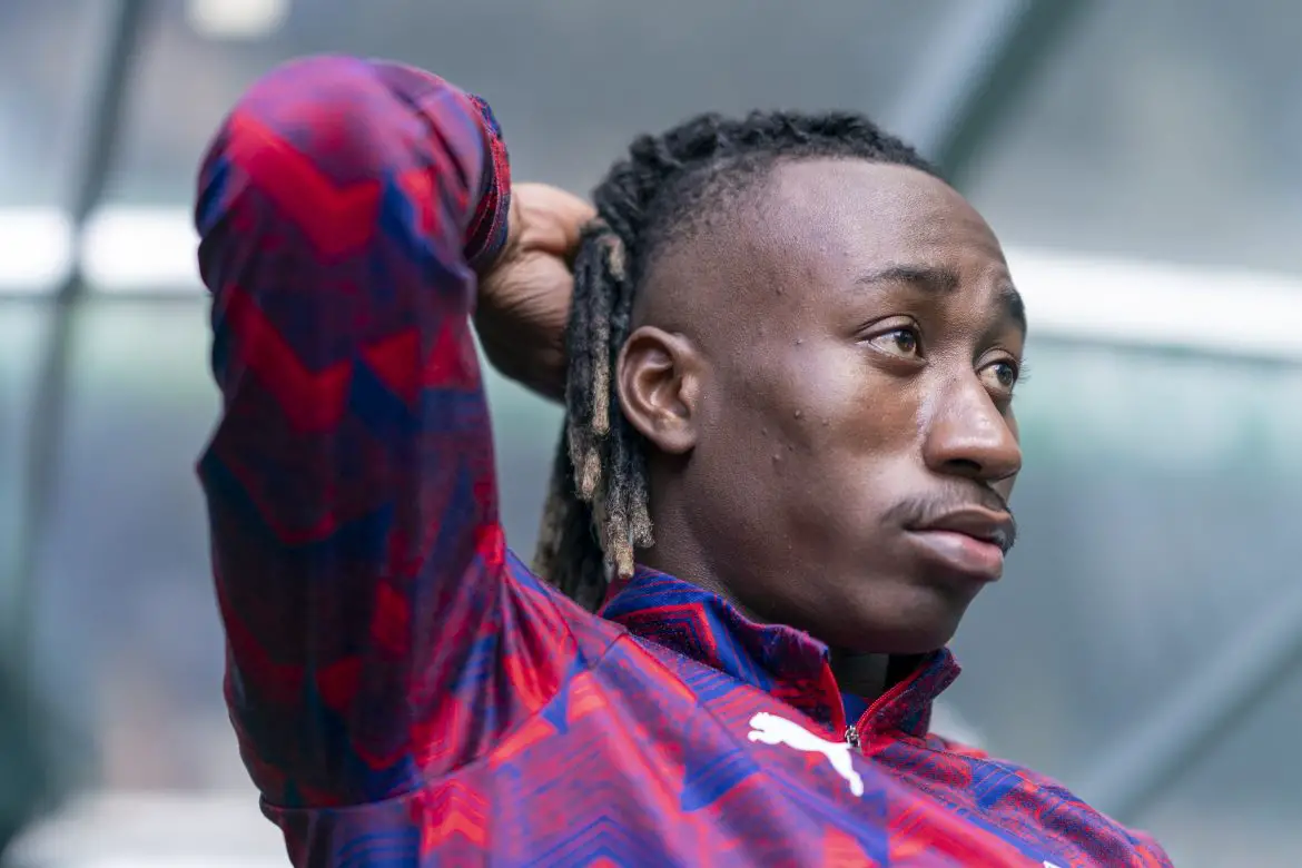RB Leipzig attacking prodigy Yan Diomande is seen prior to a Bundesliga match.