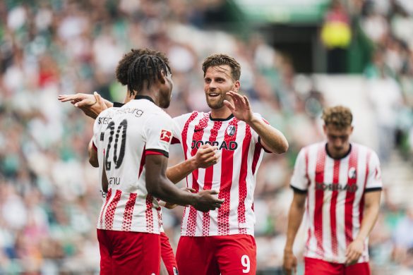 Freiburg celebrate scoring against Werder Bremen in the Bundesliga.