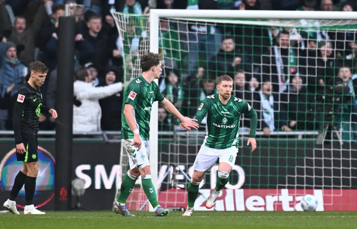 Werder Bremen defender Mitchell Weiser celebrates scoring against Wolfsburg in the Bundesliga.