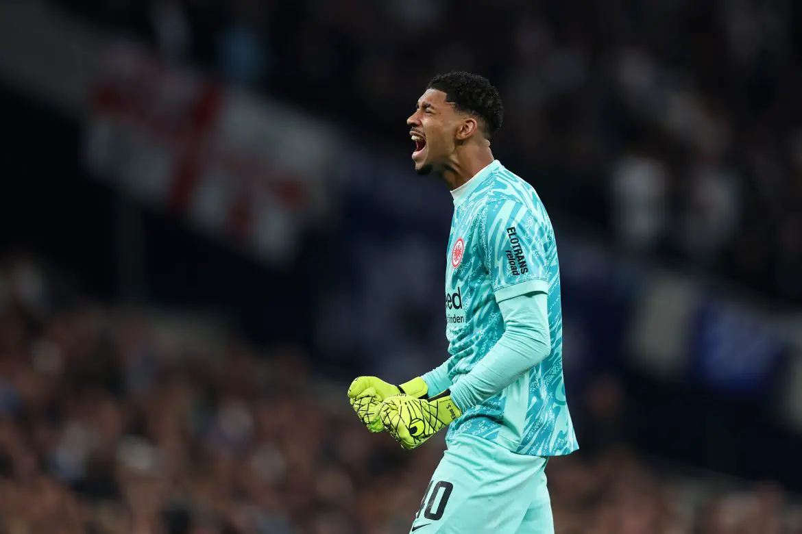 Eintracht Frankfurt goalkeeper Kaua Santos against Tottenham Hotspur.