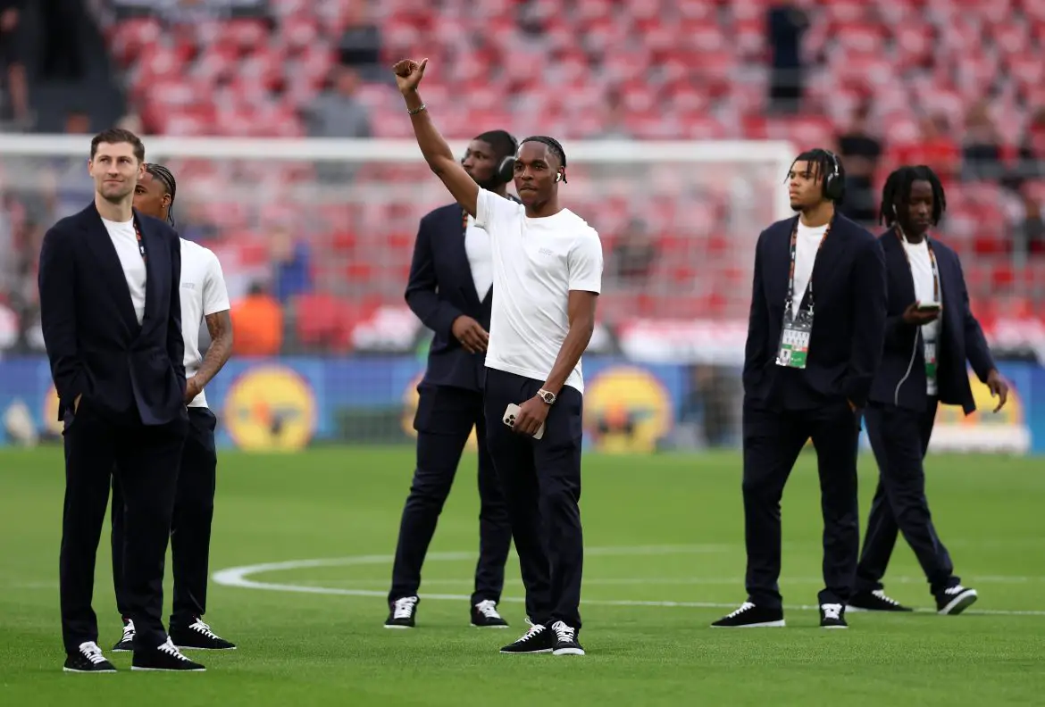 Mathys Tel greeting Tottenham Hotspur fans ahead of the 2025 Europa League Final.