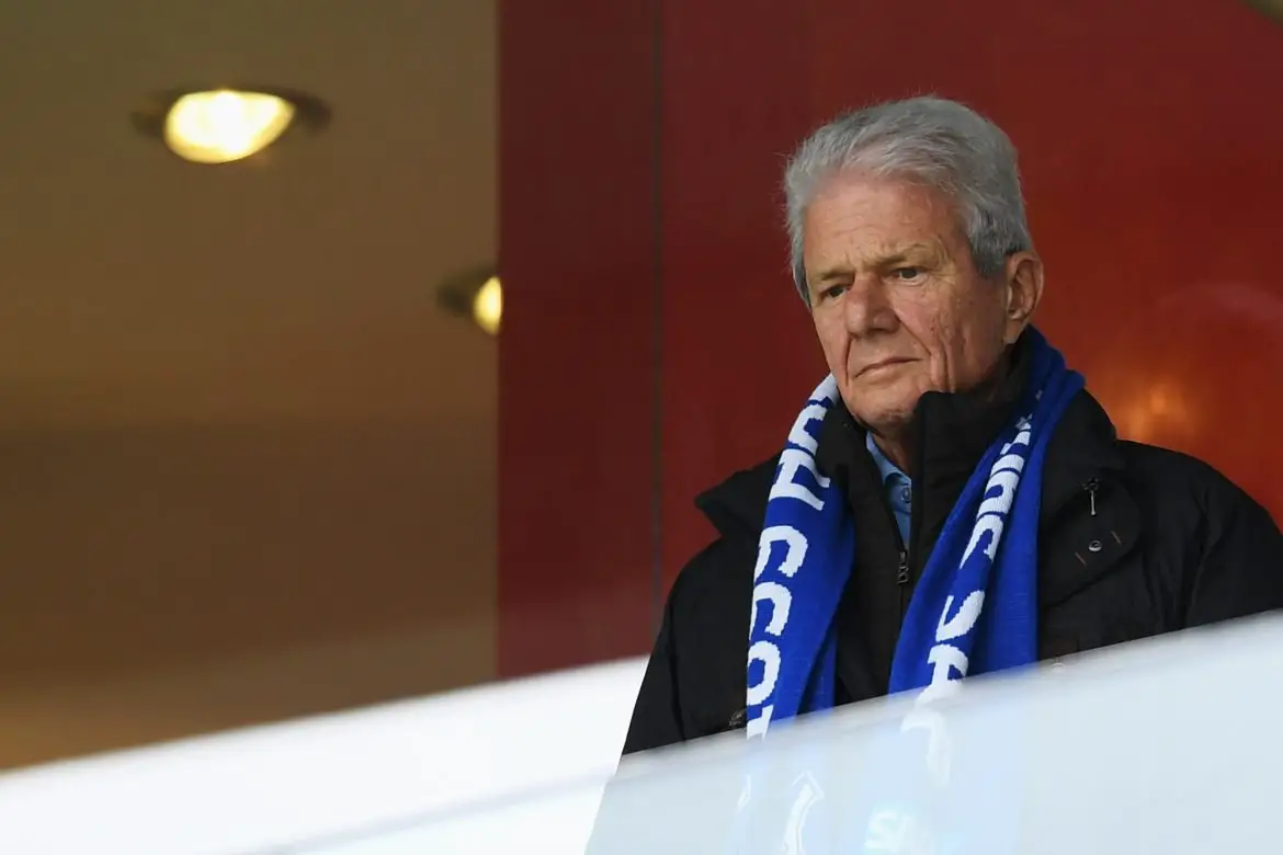 Hoffenheim club patron Dietmar Hopp watches a Bundesliga match.