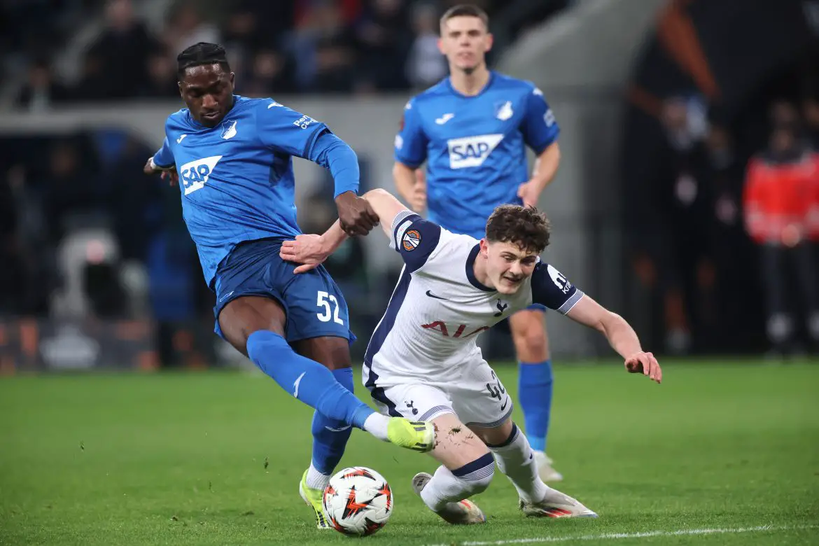 Hoffenheim striker David Mokwa (left) playing against Tottenham in the Europa League.