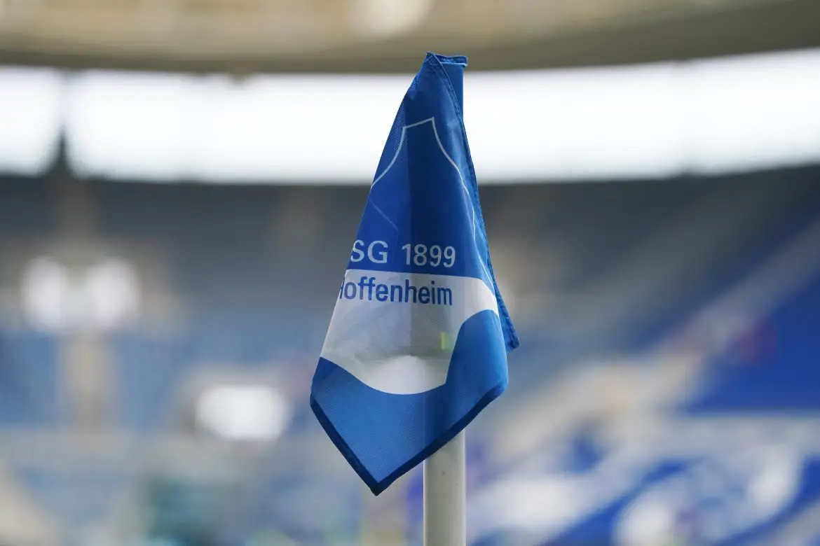 The TSG 1899 Hoffenheim badge displayed on a corner flag.