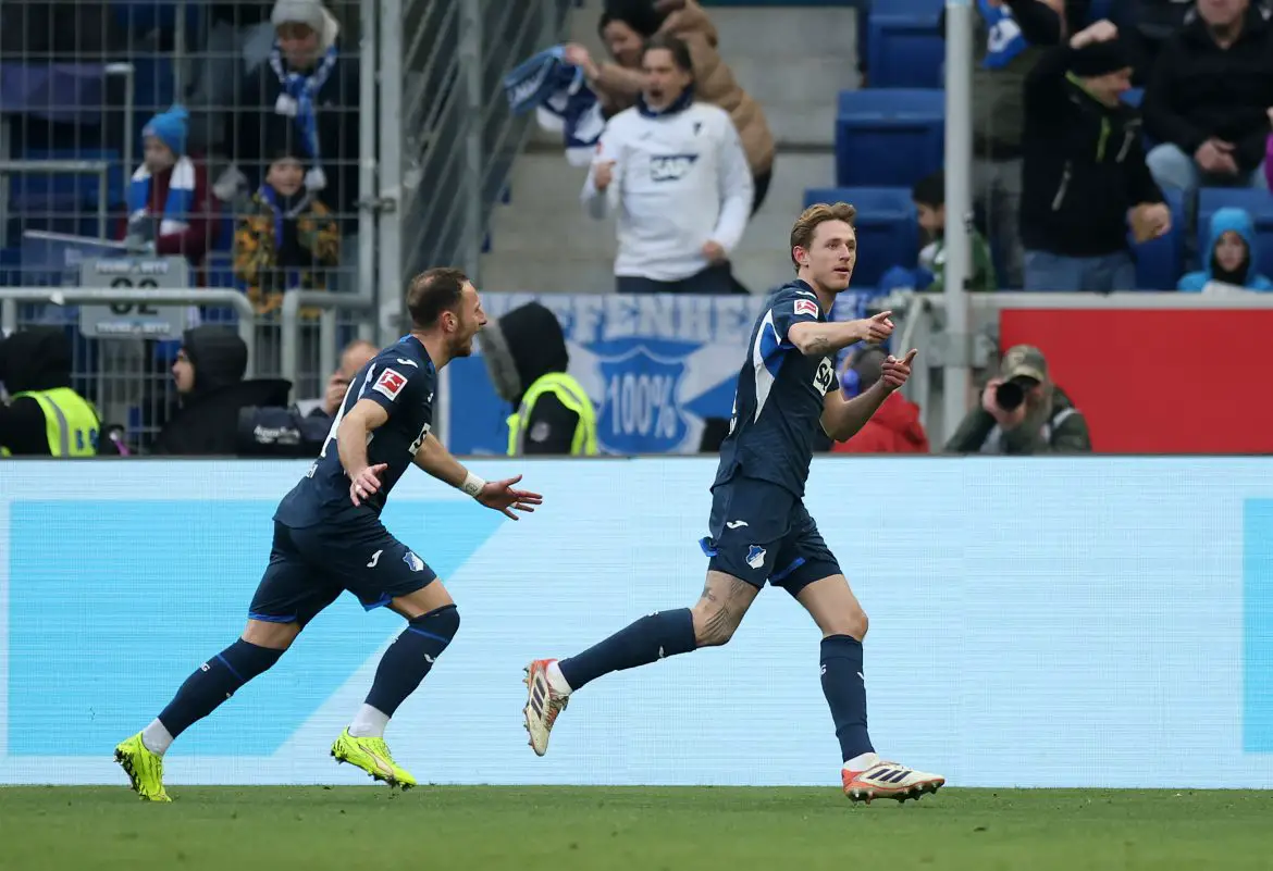 Wouter Burger celebrates scoring for Hoffenheim in the Bundesliga.