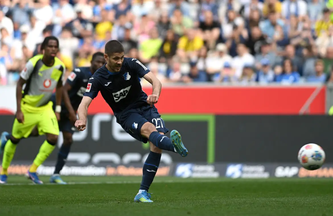 Hoffenheim's Andrej Kramaric converts the first of his two penalties in Saturday's Bundeslgia victory over Borussia Dortmund.