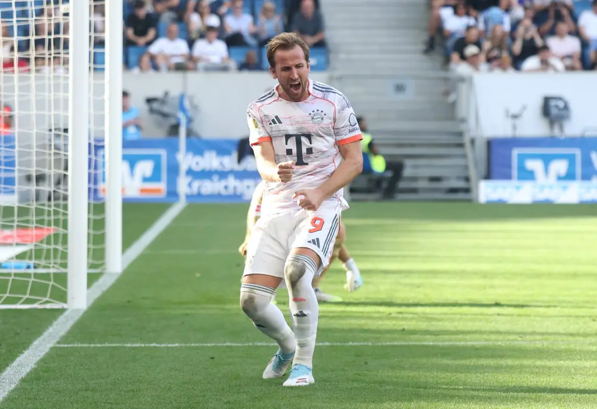 Harry Kane celebrates scoring for Bayern Munich in the Bundesliga.