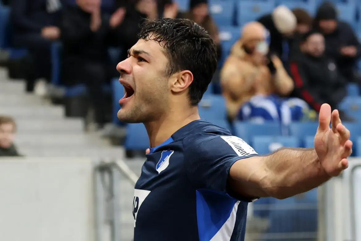 Hoffenheim centre-back Ozan Kabak celebrates scoring in the Bundesliga.