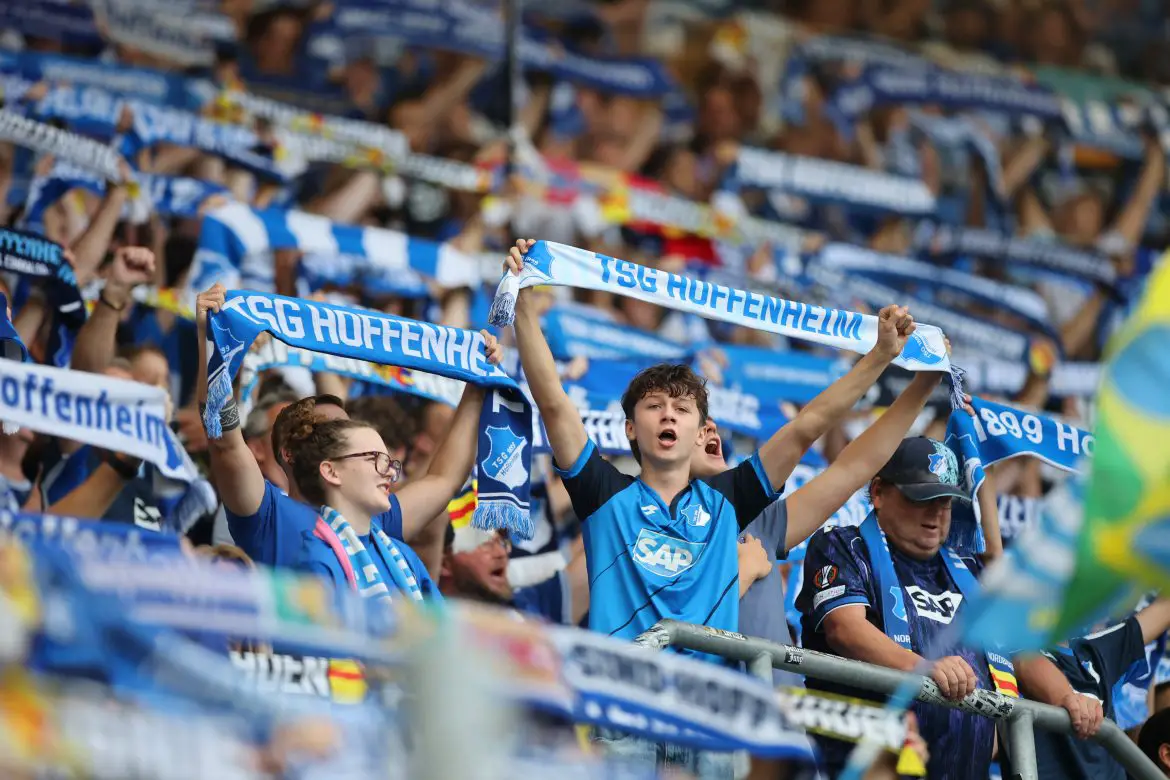 Fans of TSG 1899 Hoffenheim support their Bundesliga club.