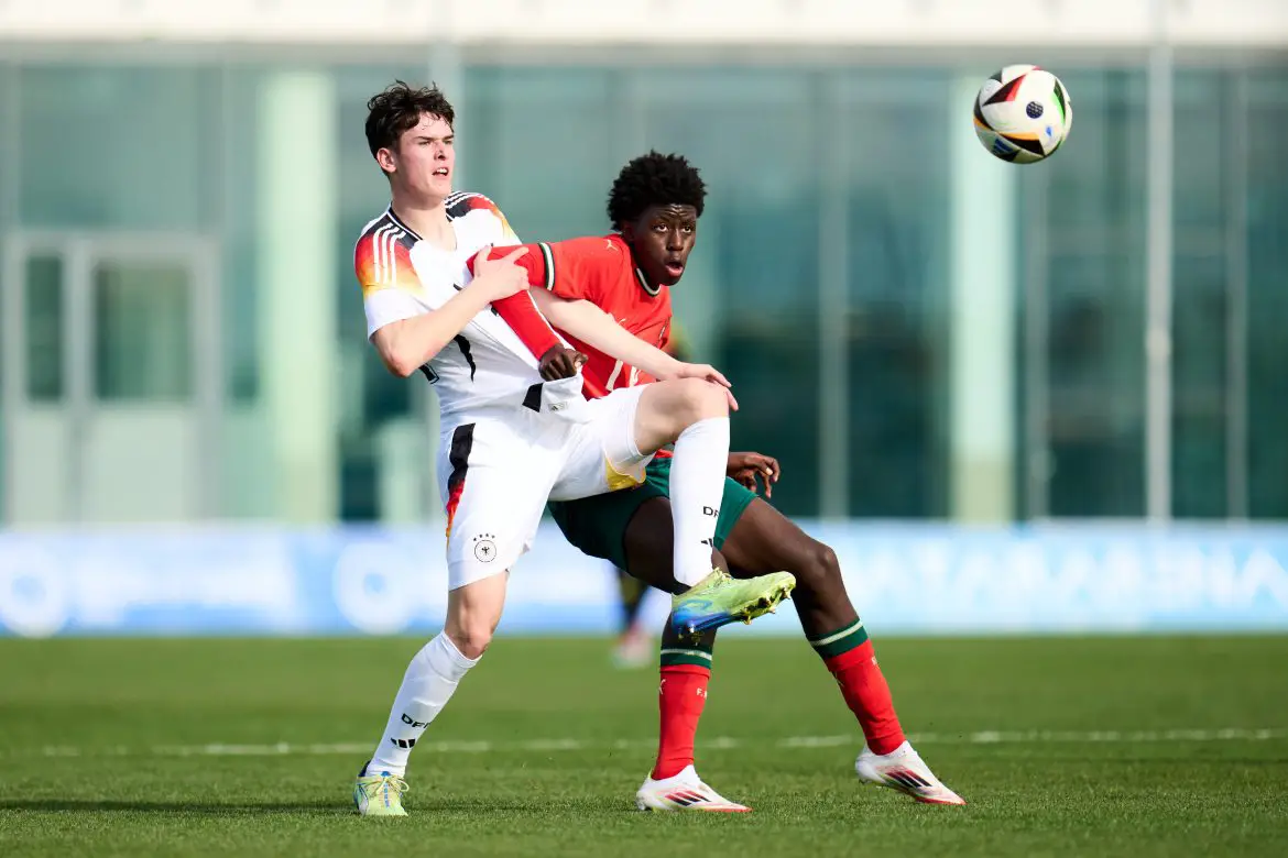 Augsburg's Tim Schnitzer (left) representing Germany at U17 level.