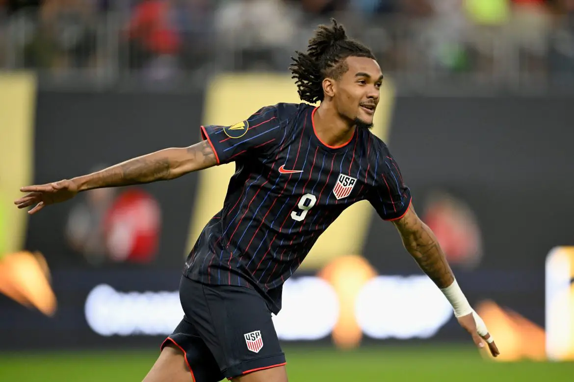 Damion Downs celebrates scoring for the USMNT in the 2025 Gold Cup.