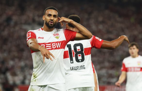 VfB Stuttgart's Josha Vagnoman celebrates scoring a Bundesliga goal.