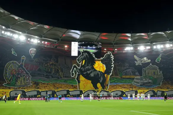Fans of VfB Stuttgart display an intricate choreo ahead of Tuesday evening's Champions League fixture against Atletico Madrid.
