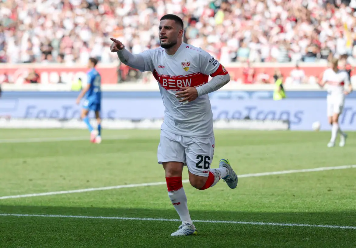 Stuttgart's Deniz Undav after scoring his third of the match against Bayer Leverkusen
