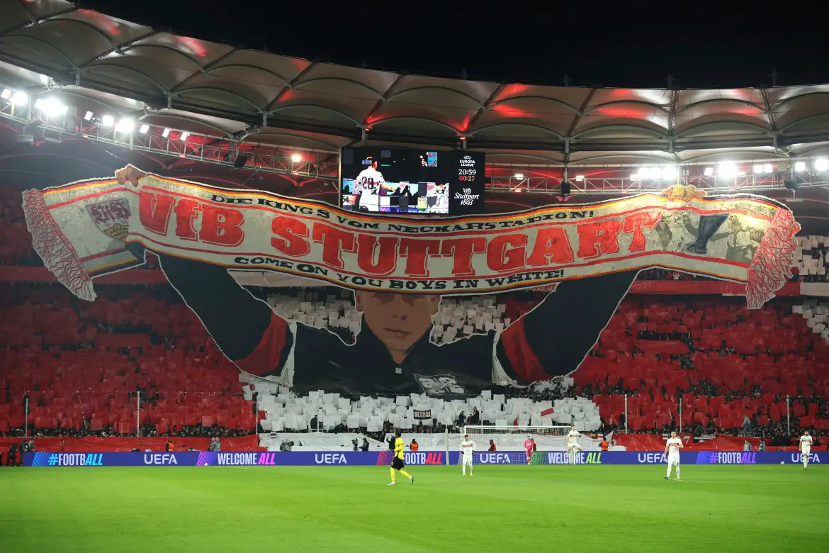 Fans of VfB Stuttgart support their Bundesliga club.