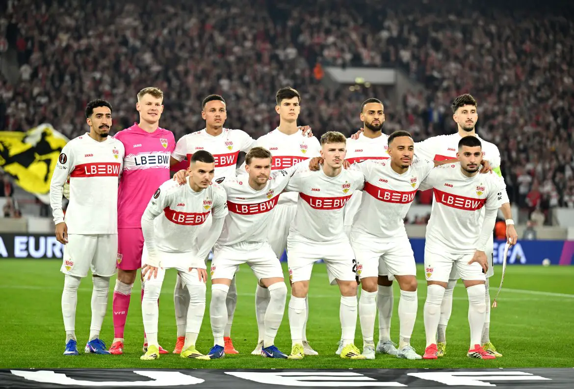 Bundesliga UEL representatives VfB Stuttgart pose for a team photo ahead of their UEL second round playoff leg against Celtic.