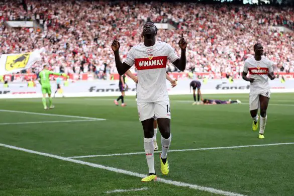 Soon-to-be-unveiled Mainz attacker Silas celebrates scoring for Stuttgart in the Bundesliga.