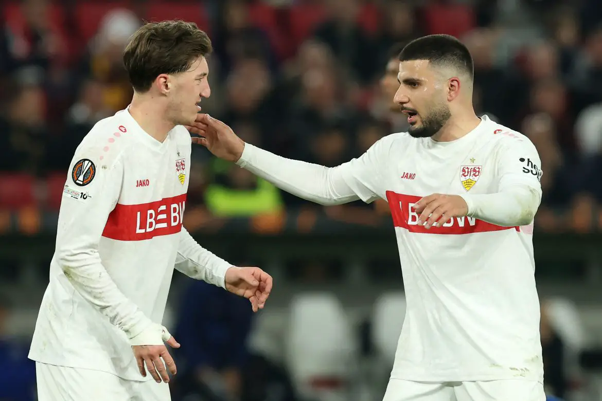Stuttgart's Deniz Undav (right) with Bundesliga club teammate and German national team colleague Angelo Stiller (left).