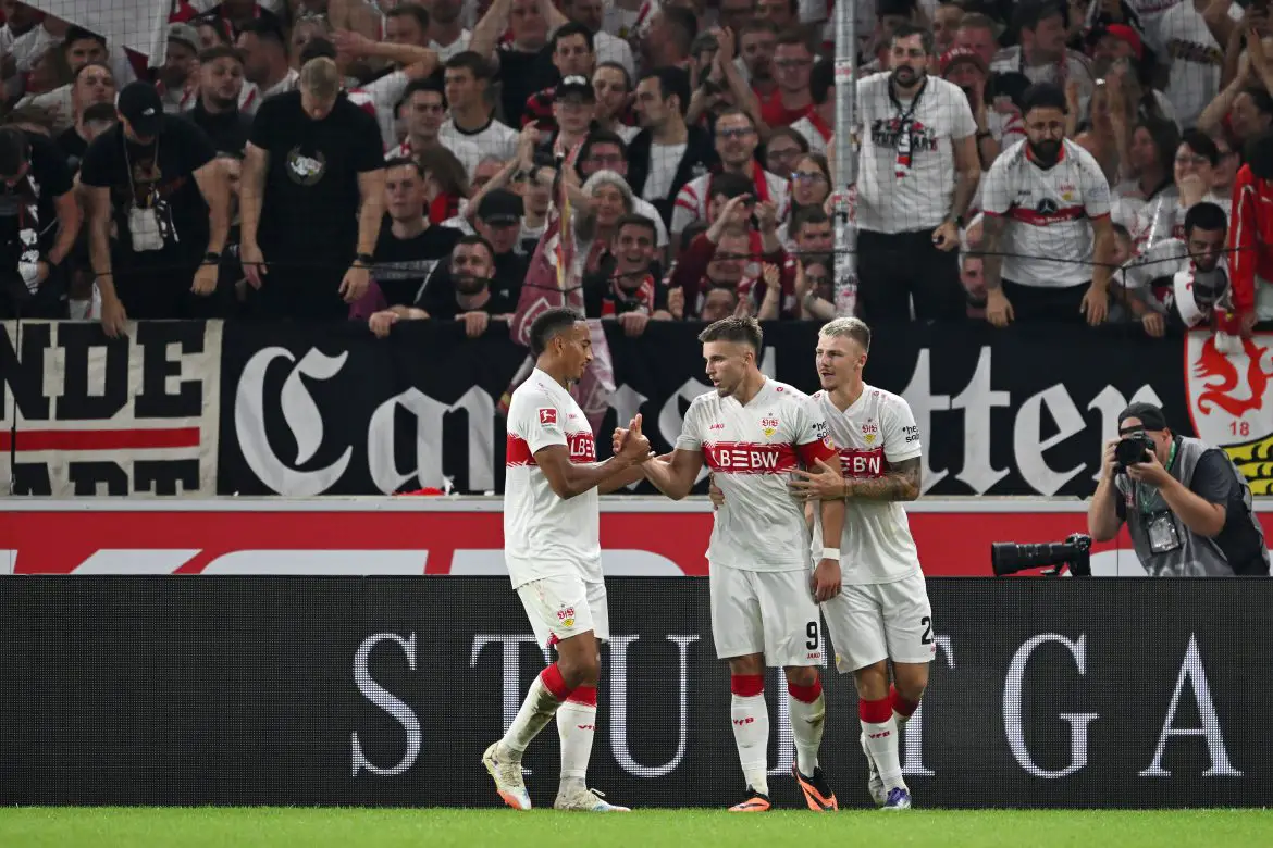 Stuttgart celebrate scoring their opening goal against St. Pauli in the Bundesliga.