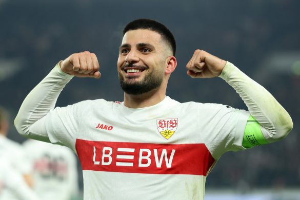 Deniz Undav celebrates scoring for VfB Stuttgart in the Europa League last night.