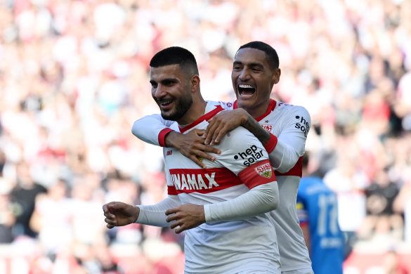 VfB Stuttgart teammates Deniz Undav (left) and Jamie Leweling (right) celebrate scoring in the Bundesliga.