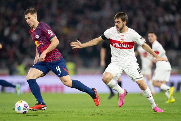 Serbia U21 international Jovan Milosevic (right) representing Stuttgart in the Bundesliga.
