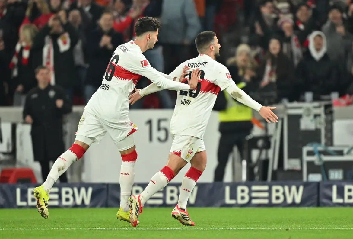 VfB Stuttgart's Deniz Undav celebrates after scoring against RB Leipzig in the Bundesliga.