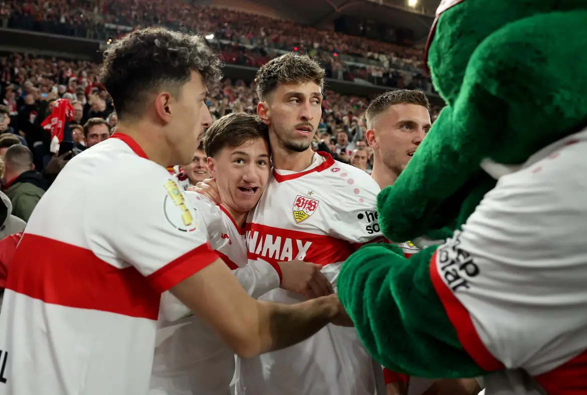 Angelo Stiller among the Stuttgart players celebrating in the DFB Pokal against RB Leipzig.