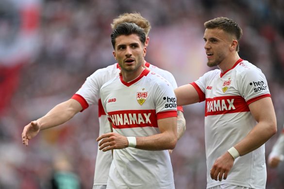 New Heidenheim signing Leonidas Stergiou (center) representing VfB Stuttgart in the Bundesliga.