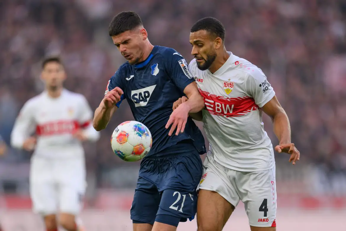Stuttgart and Hoffenheim players clash during a Bundesliga match.