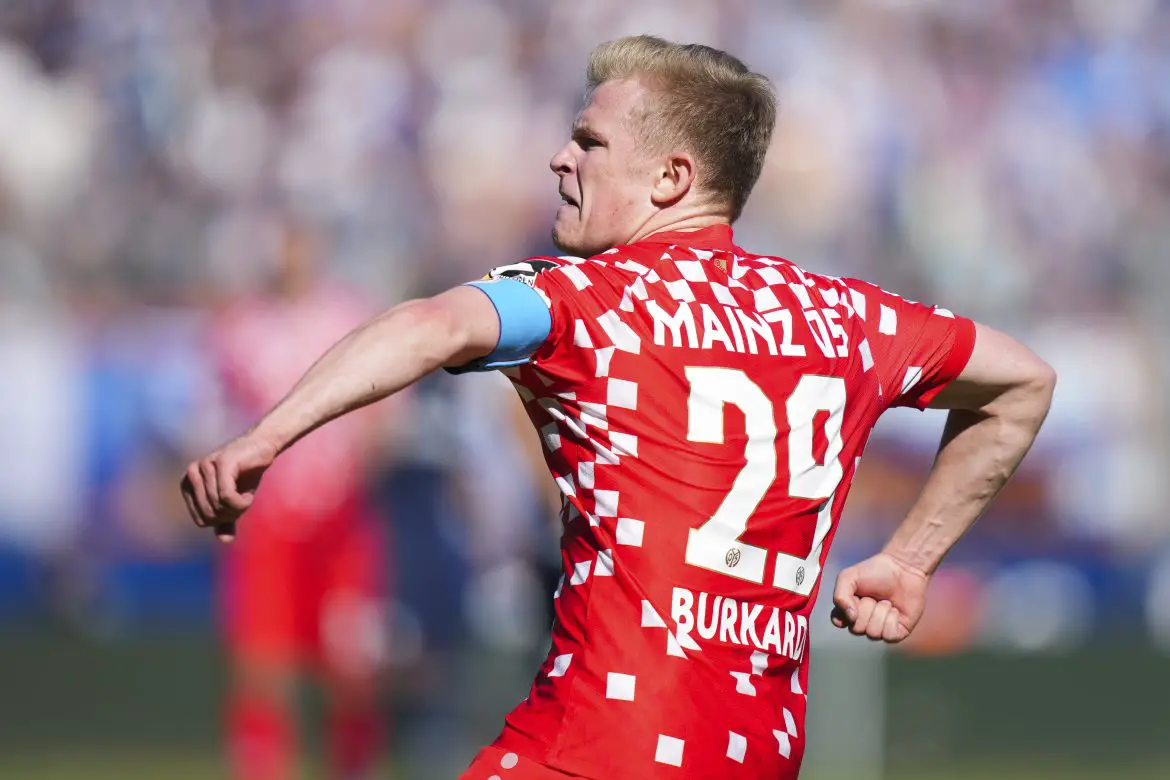 Jonathan Burkardt of Mainz celebrates scoring a goal in the Bundesliga.