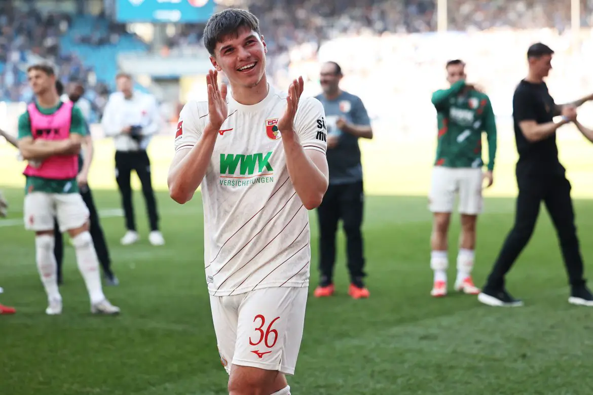 FC Augsburg teenage talent Mert Kömür celebrating his third Bundesliga goal last weekend.