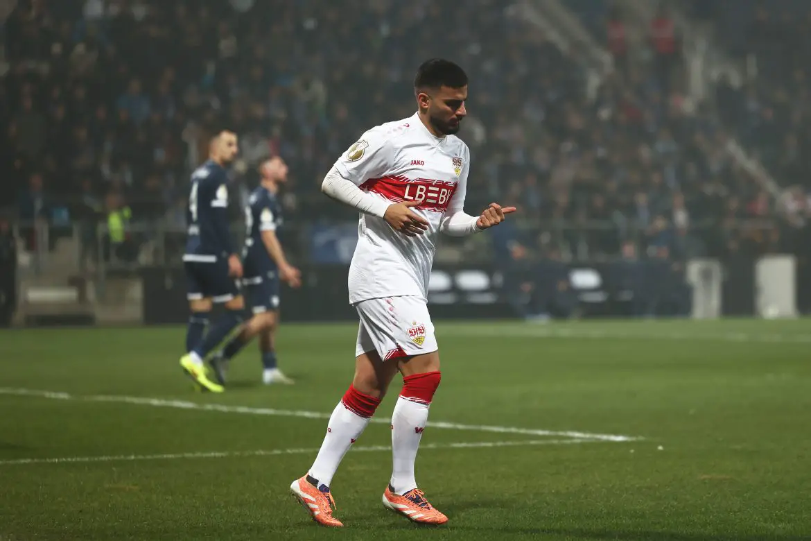 VfB Stuttgart striker Deniz Undav attempting to count his recent goals after scoring against Bochum in the DFB Pokal last night.