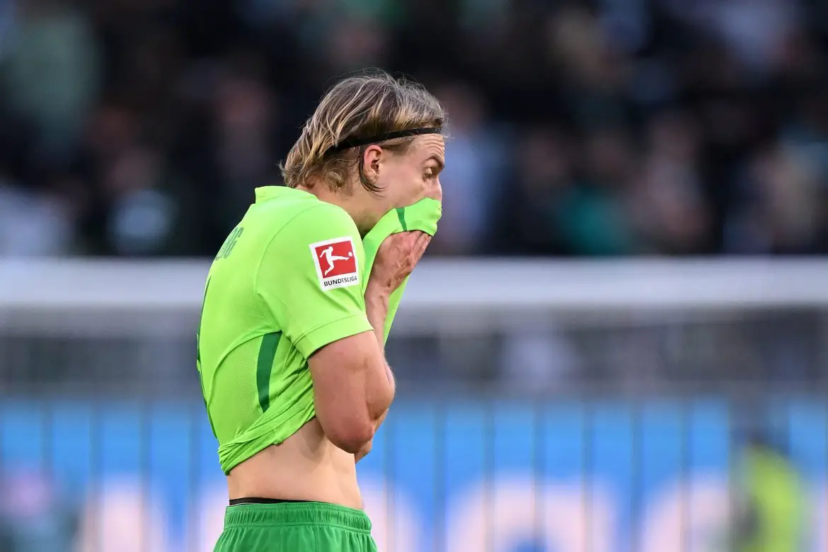 VfL Wolfsburg defender Sebastiaan Bornauw reacts during Saturday's defeat against Heidenheim.