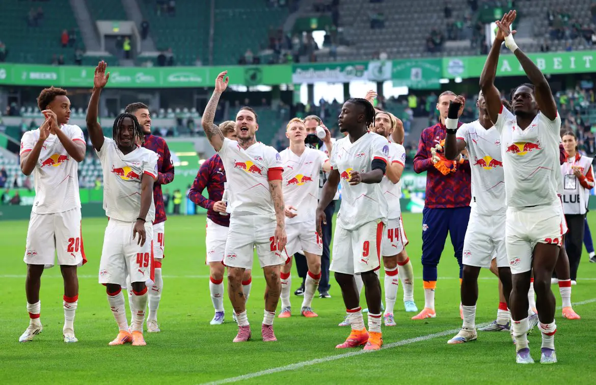 David Raum and RB Leipzig teammates celebrate victory over Wolfsburg in the Bundesliga on Saturday afternoon.
