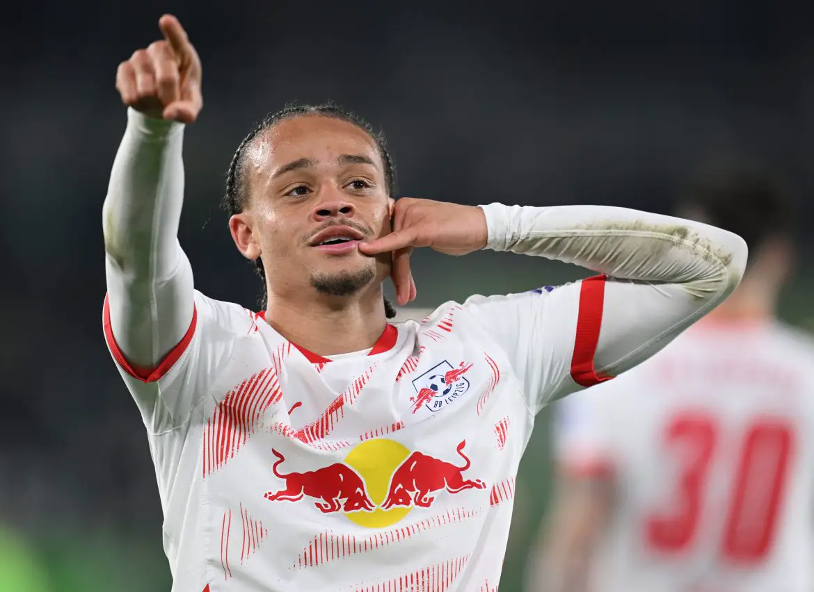 Chelsea target Xavi Simons celebrates scoring for RB Leipzig in the Bundesliga.