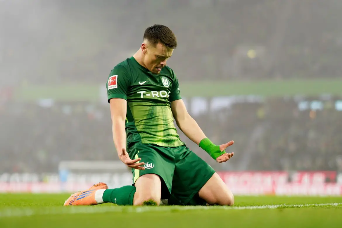 New VfB Stuttgart singing Dzenan Pejcinovic celebrates scoring for Wolfsburg in the Bundesliga.