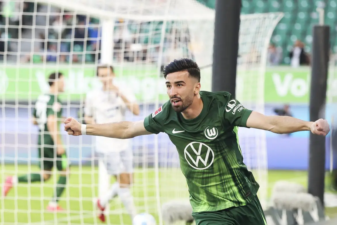 Mohamed Amoura celebrates after Wolfsburg score against Hoffenheim in the Bundesliga.