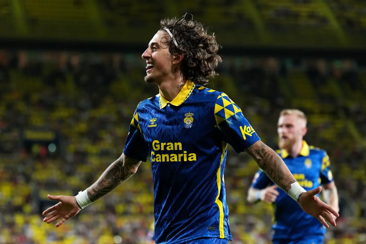 Fabio Silva celebrates scoring in La Liga for UD Las Palmas.